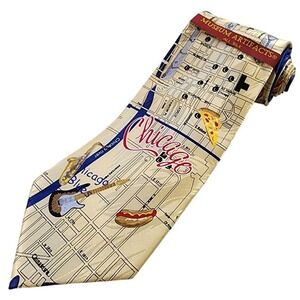 Museum Artifacts Chicago Map Novelty Necktie Silk Landmarks Pizza Hotdog Tie‎